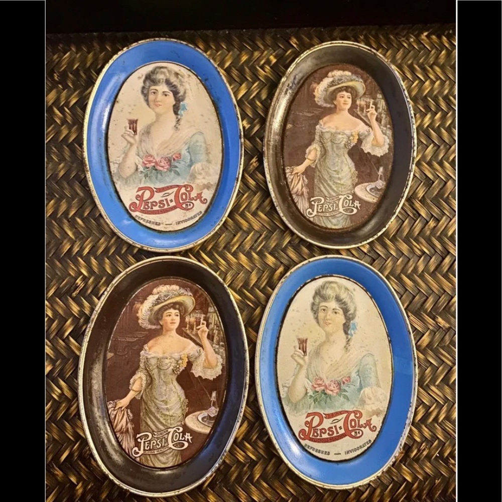 1970s Drink Pepsi Cola Small Oval 6" Metal Tin Advertising Trays (Set Of 4)